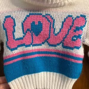 Vintage Knit Turtleneck Sweater Love White Blue Pink 12 mo Baby Retro Funky